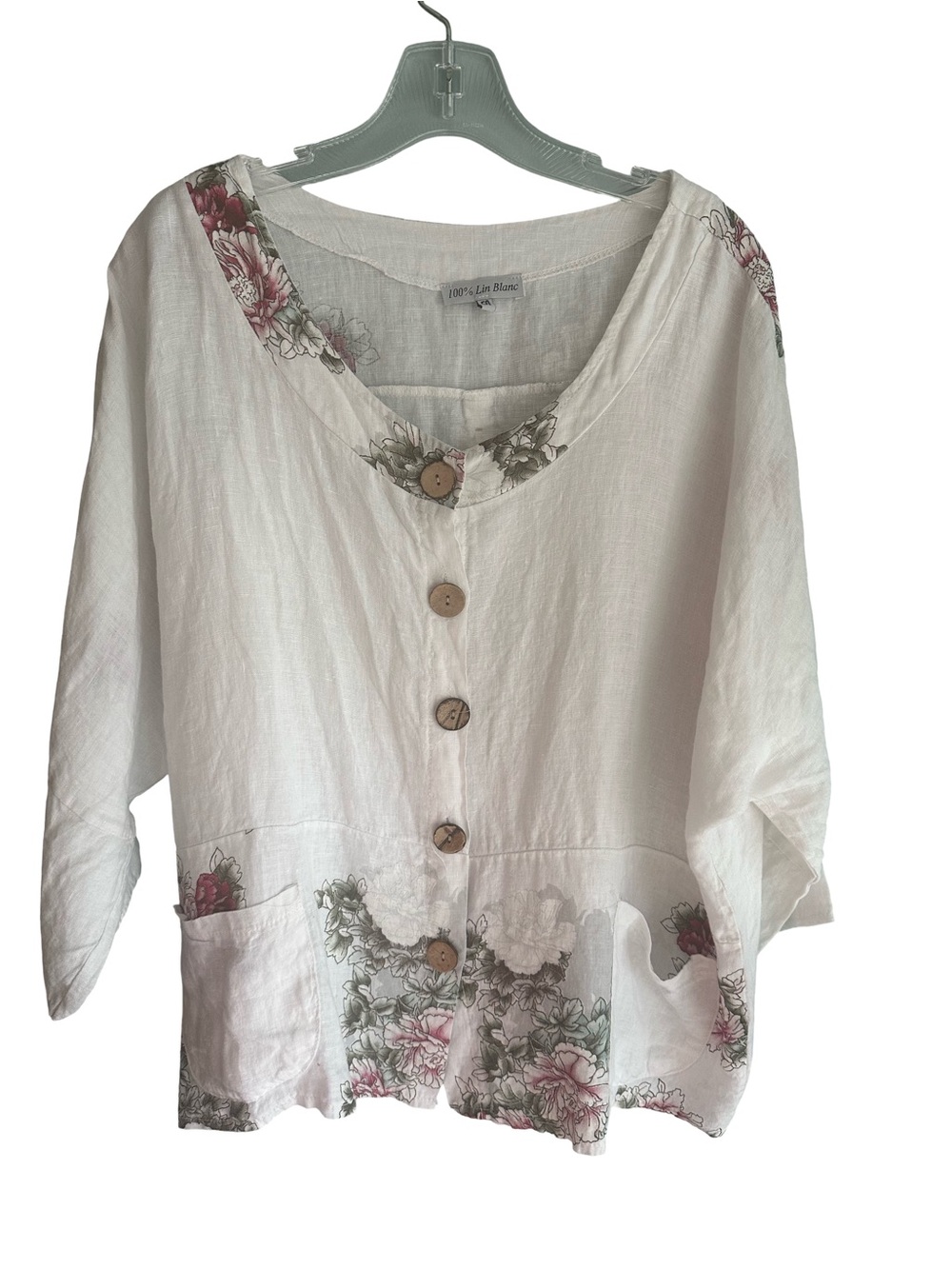Lin Blanc 100% Linen Italy Floral-Trim Button Front Tunic Lagenlook Cottagecore